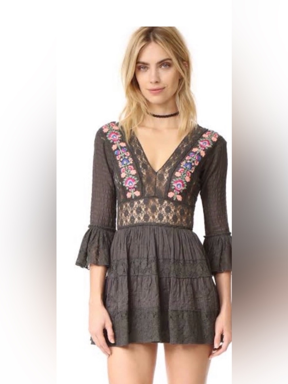 Free People Black Lace Embroidered V-Neck Mini Dress